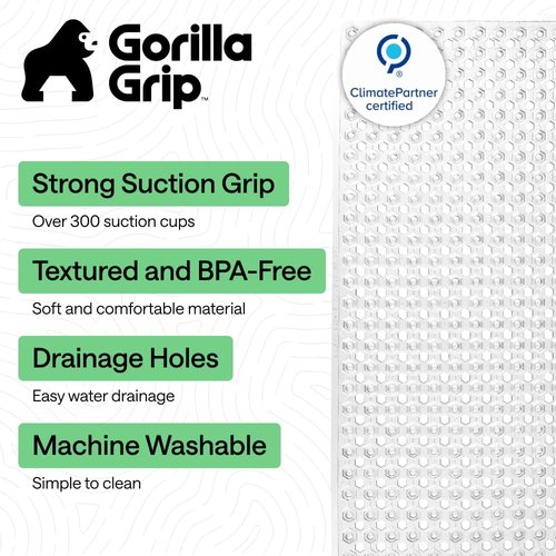 GORILLA GRIP Bath Tub Shower Mat - Machine Washable, Suction Cups & Drain Holes, 35x16 Inch, Clear