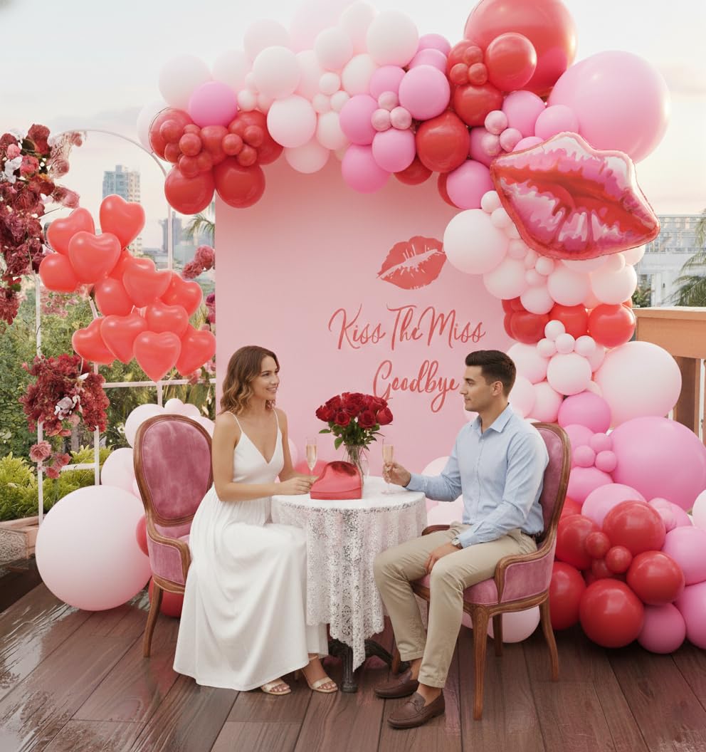 PTGOLUO 153pcs Valentines Day Balloons Garland Arch Kit, Pink Red Rose Red Heart Balloons Lips Balloon 30'' 24" 10" 5" for Galentine's Day Birthday Wedding Anniversary Engagement Party Decor