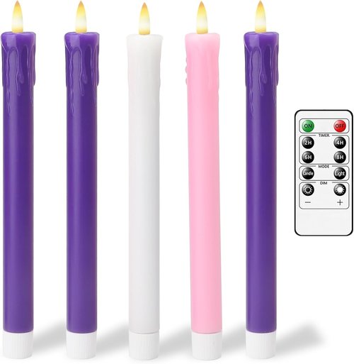 Lezonic Flameless Advent Candles - Battery Operated Set of 5 Wax Taper Candles for Christmas Decor | 3 Purple, 1 Pink, 1 White