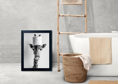 Funny Animal Wall Art - Giraffe with Toilet Paper Roll | Black and White Bathroom Decor, Framed Canvas