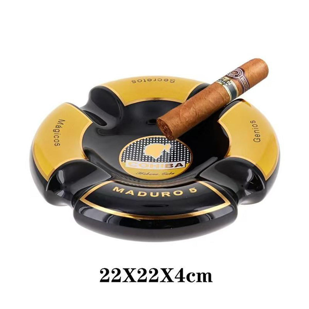 5 Cigar Ashtray, Black and Gold, Round Ceramic, 4 Rests