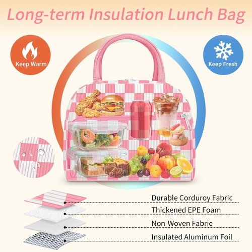 Coobiiya Corduroy Lunch Bag - Insulated Reusable Tote for Work & Travel | Large Capacity Pink Cooler