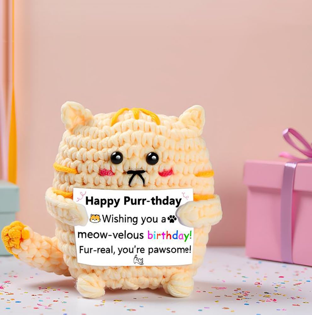 YWQZBHEMO A Little Birthday Cat to You - Crochet Positive Gifts, Funny Handmade Knitted Emotional Positive Cat - Happy Birthday