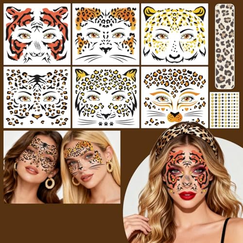 Leopard Print Temporary Face Tattoos with Gems 6 Sheets
