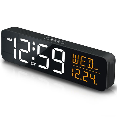 Peakeep Large Display Digital Alarm Clock for Bedrooms, Date Day of Week Desk Table Clocks for Living Room Office, Dimmable 5 Dimmers Plug in Electric Clock, Auto DST