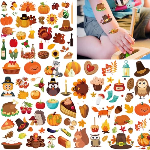 Felico Thanksgiving Temporary Tattoos - 200 Pcs Autumn Harvest Fake Tattoos for Kids Party Favors and Goody Bag Fillers