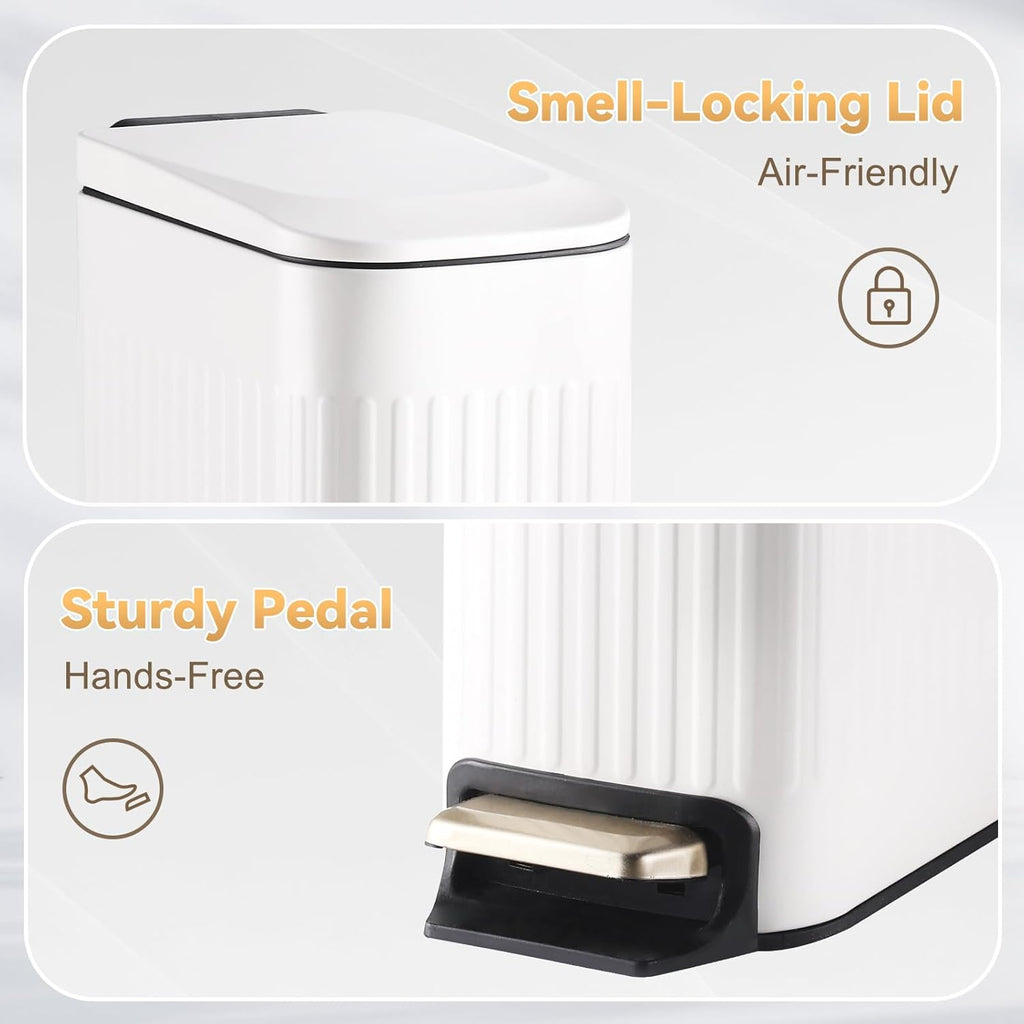 SYNCVIBE Slim Bathroom Trash Can - Soft Close Stainless Steel Step Bin with Removable Inner Bucket | Matt White, 1.8 Gallons