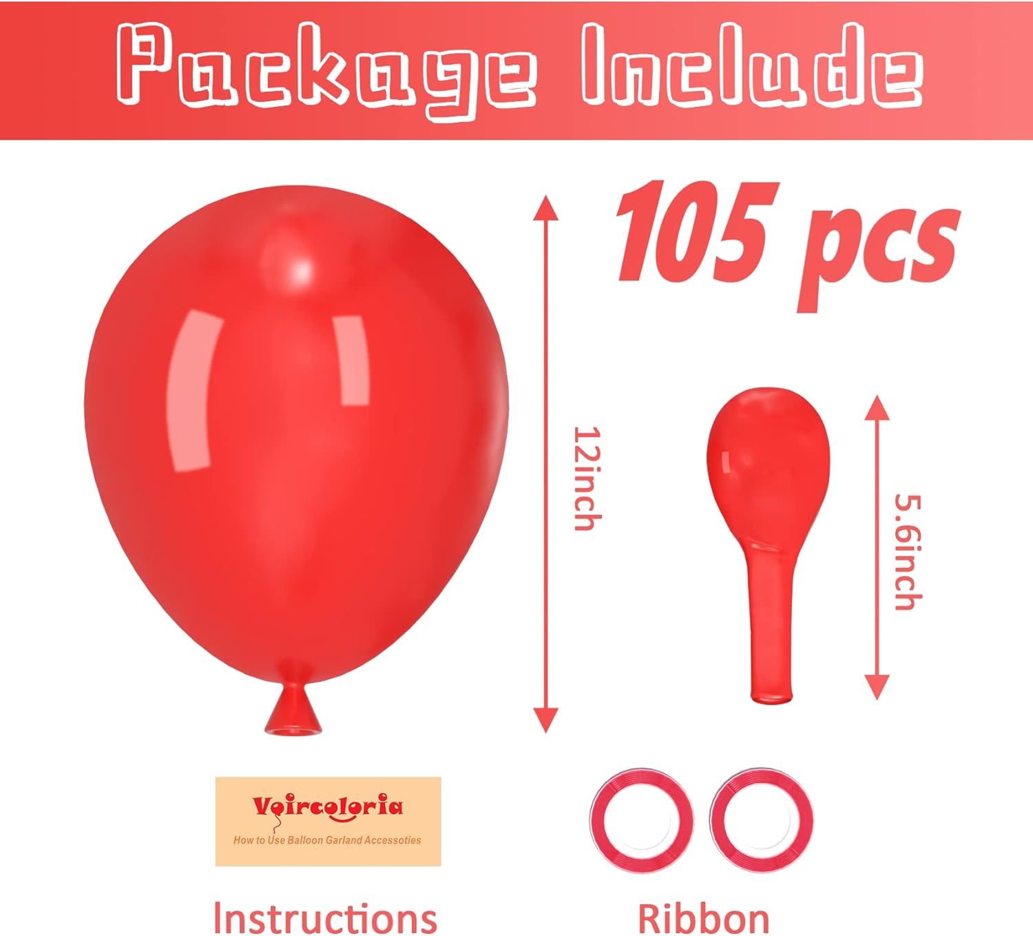 Voircoloria 105PCS Red Latex Balloons - 12 Inch Party Decorations for Valentine's Day, Birthdays & Weddings