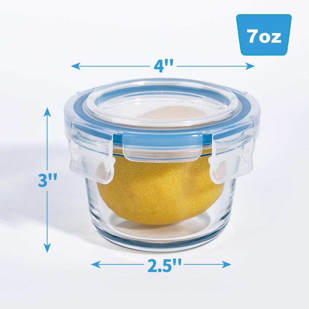 Iyulania Set of 6 Small Glass Storage Containers, 7 oz Food Containers with No-Spill Lids, Thick Glass Jars for Meal Prep, Baby’s Snacks, Leftovers and Sauces, Dishwasher & Microwave Safe