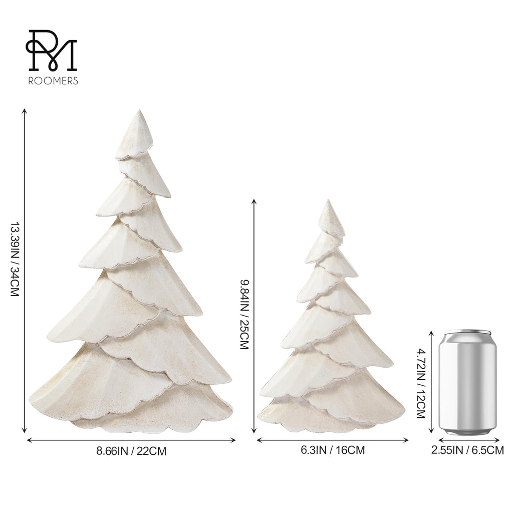 RM ROOMERS Wooden Christmas Tree Figurine Set of 2, White Tree Figurines, Decorative Trees for Tabletop, Distressed Decoration Trees for Desk, Mantel, Entryway, Winter, Holiday Centerpieces