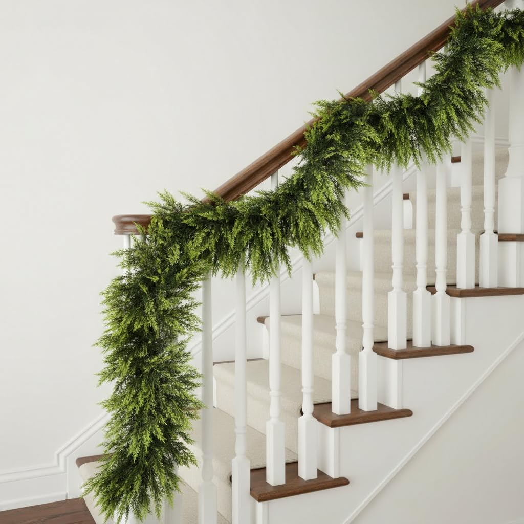 9 FT Christmas Cedar Garland, Real Touch Soft & Thickness Greenery Pine Garland for Mantle Table Fireplace Outdoor Indoor Christmas Decorcorations