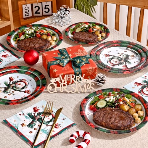 Christmas Disposable Paper Plates and Napkins Set - Snowman & Festive Design, Heavy Duty 9-Inch Dinnerware for Holiday Parties