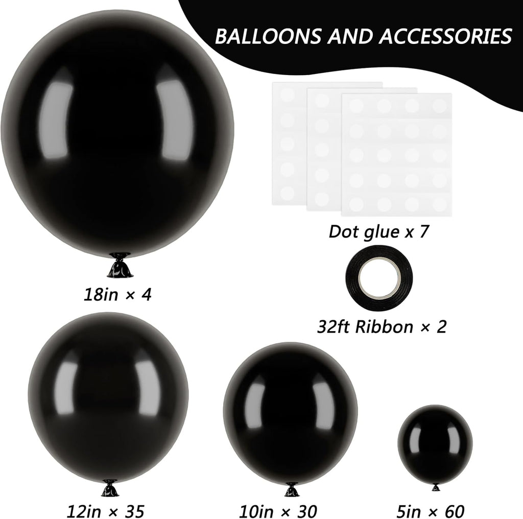 RUBFAC Black Balloons - 129-Piece Latex Balloon Arch Kit for Halloween & Party Decor | 5-12 Inch Sizes
