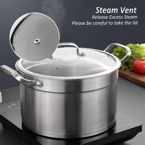 14 Inch Glass Lid For Pots, Pans and Skillets, Clear Glass Lid Replacement with Steam Vent, Stainless Steel Covers For large Frying Pan, Stock Pot, Cast, Fits Pots With Inner dia. 14.1-14.5 Inches