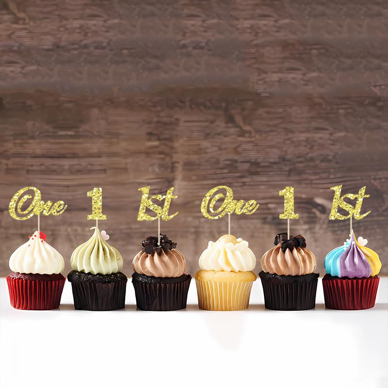 Gold Glitter One Cupcake Toppers 30 Pcs for 1st Birthday Party