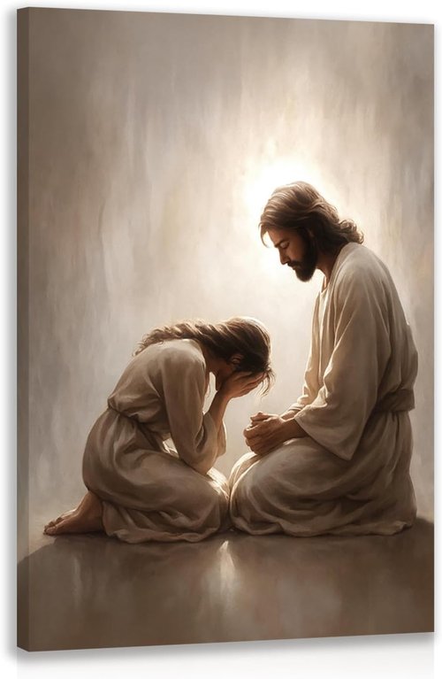 FASWQ Framed Jesus and Woman Wall Art - Christian Canvas Painting for Home | 12x16 Inch Sacred Heart Decor
