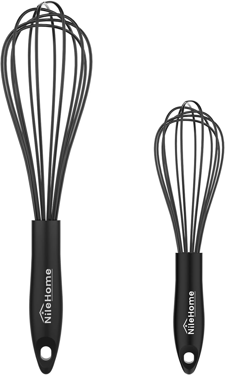 NileHome Silicone Whisk Set - Versatile 8" & 10" Kitchen Whisks for Cooking & Baking | Black
