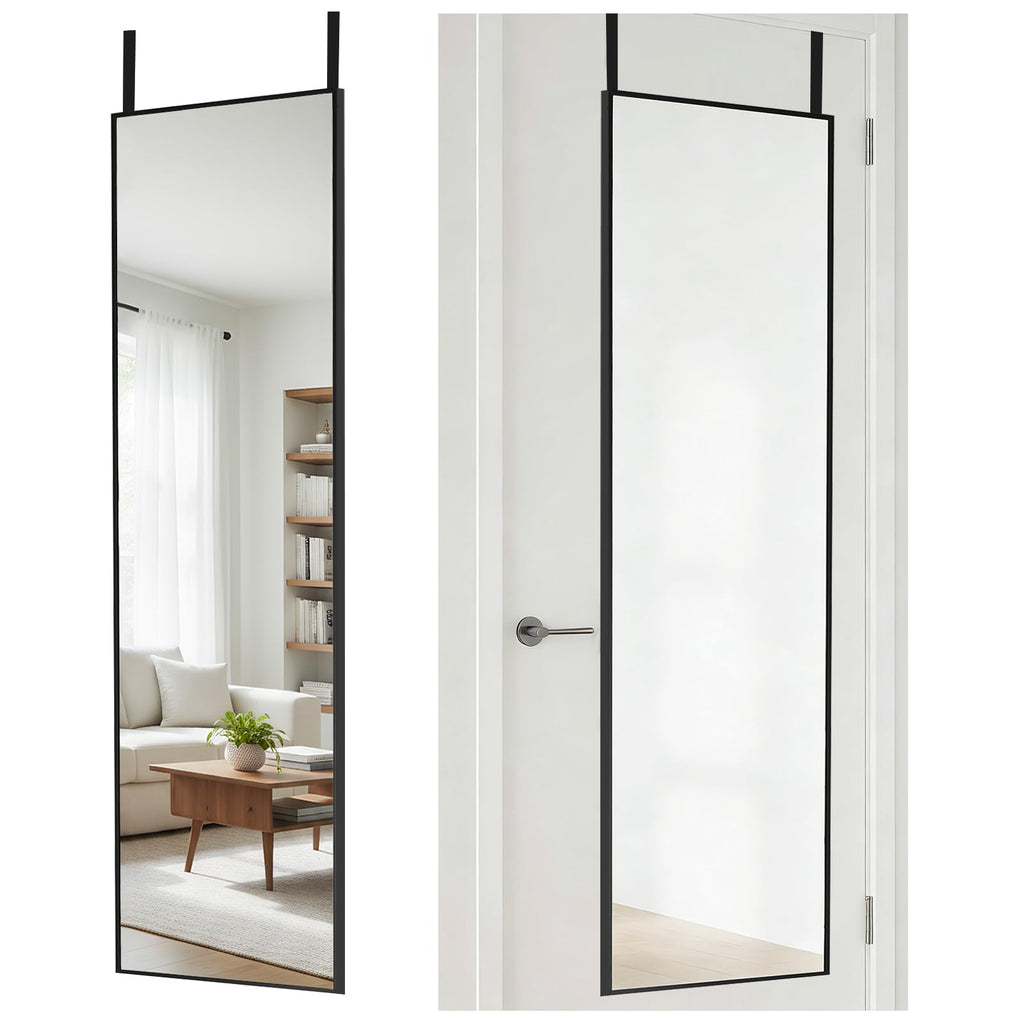 DUMOS 47x14 Full Length Mirror Over the Door, Wall Mounted Full Body Mirror, Door Hanging Metal Aluminum Alloy Frame Dressing Mirrors for Bedroom, Living Room, Entryway, Black