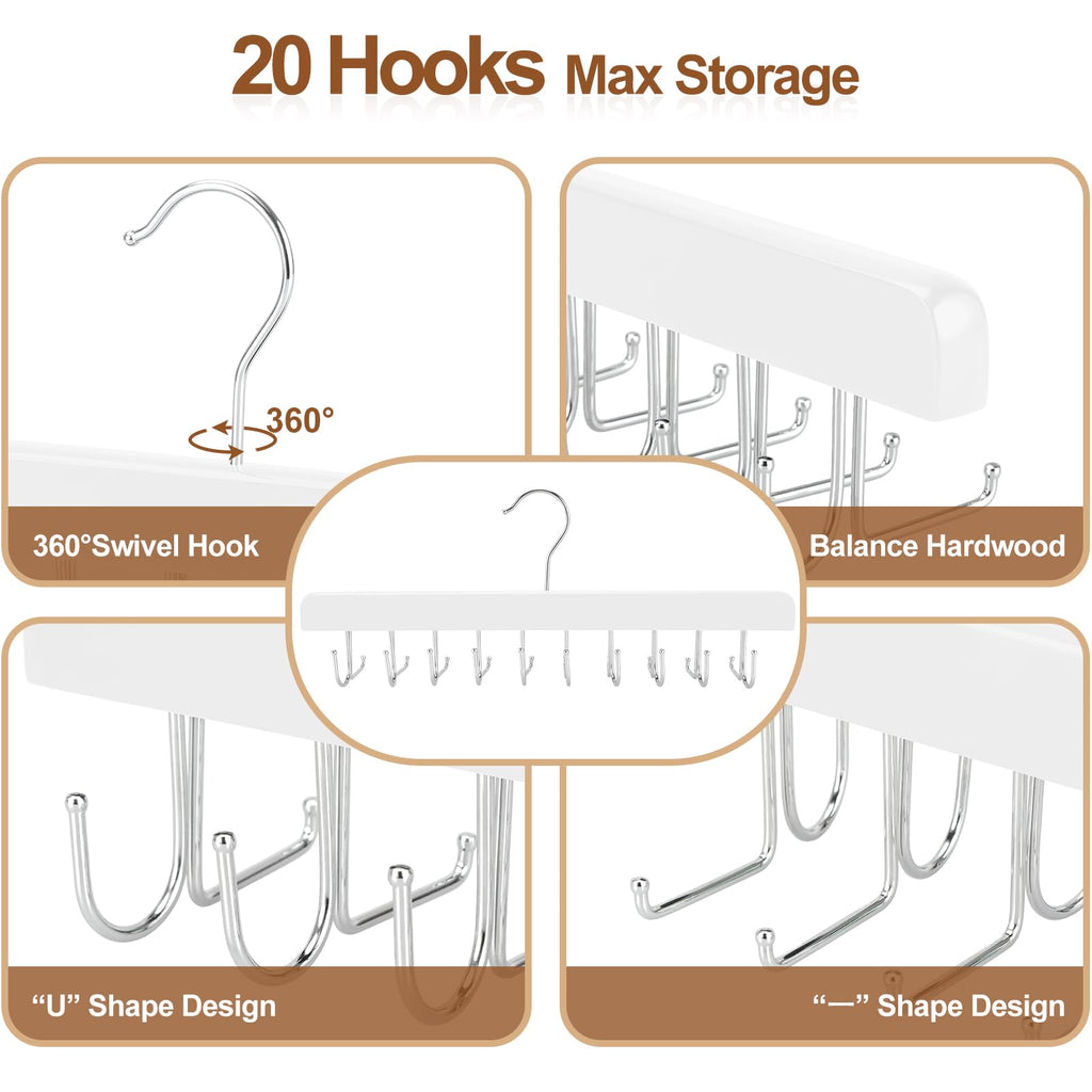 TOPIA HANGER 20 Hooks 2 in 1 Belt Tie Hanger for Closet Max 30 Belts with 30 Ties Capacity, Belt Tie Racks Wooden Hanger for Closet Organizer Storage “U” Fit for Belt and “一” Fit for Tie - CT47W