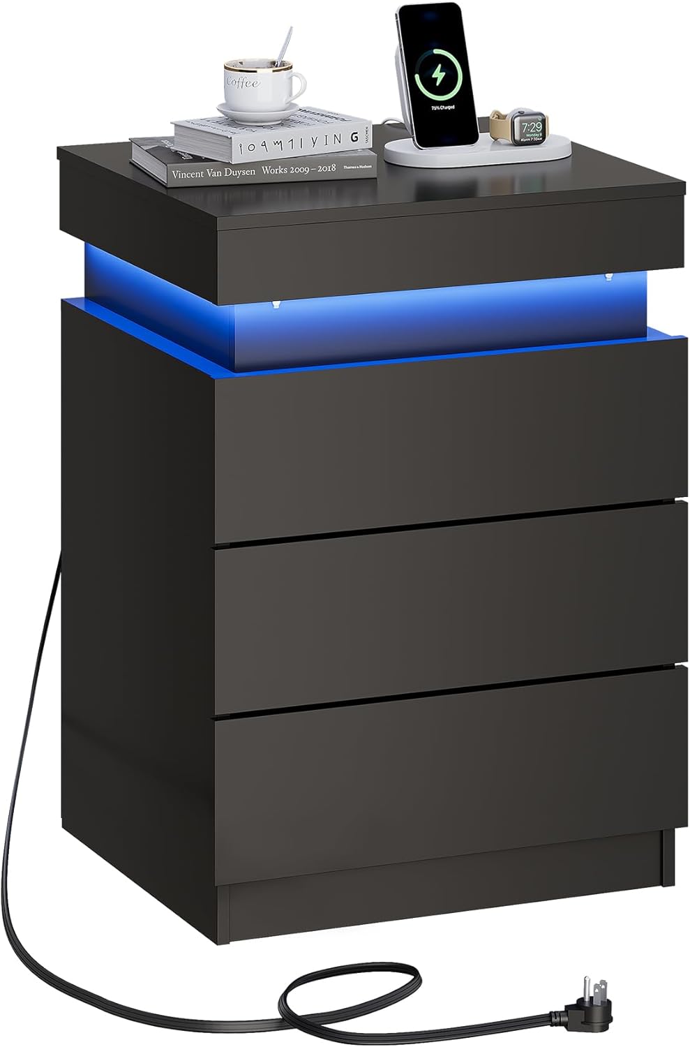 WLIVE Black Nightstand - Modern Bedside Table with Charging Station & LED Lights | 3 Drawers, Sliding Top