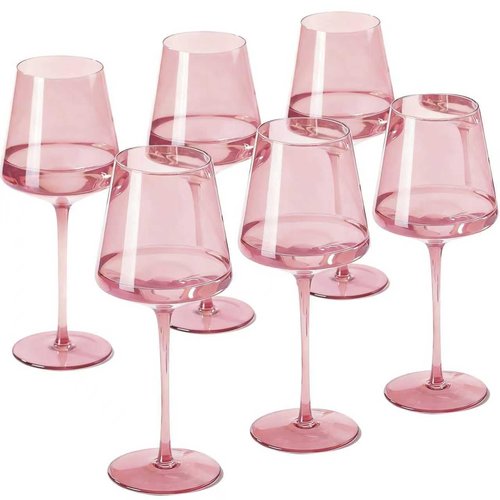 Physkoa Pink Wine Glasses Set of 6-16oz Hand-Blown Pink Wine Glass with Long Stem, Unique Red&White Wine Glasses For Party Home Bar New Year Gifts