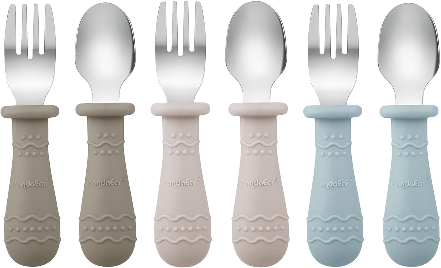PandaEar Toddler Utensils Set - 6 Pack Kids Spoons & Forks | 18/8 Stainless Steel & Silicone, Dishwasher Safe