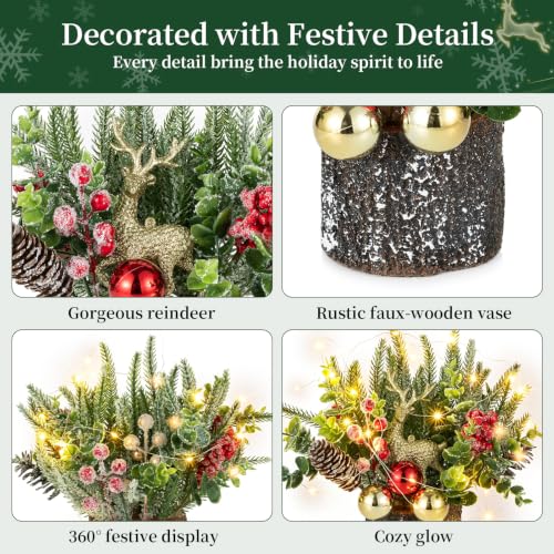 Christmas Centerpiece with Lights and Timer - Mini Tree with Reindeer, Pine Cones & Berries