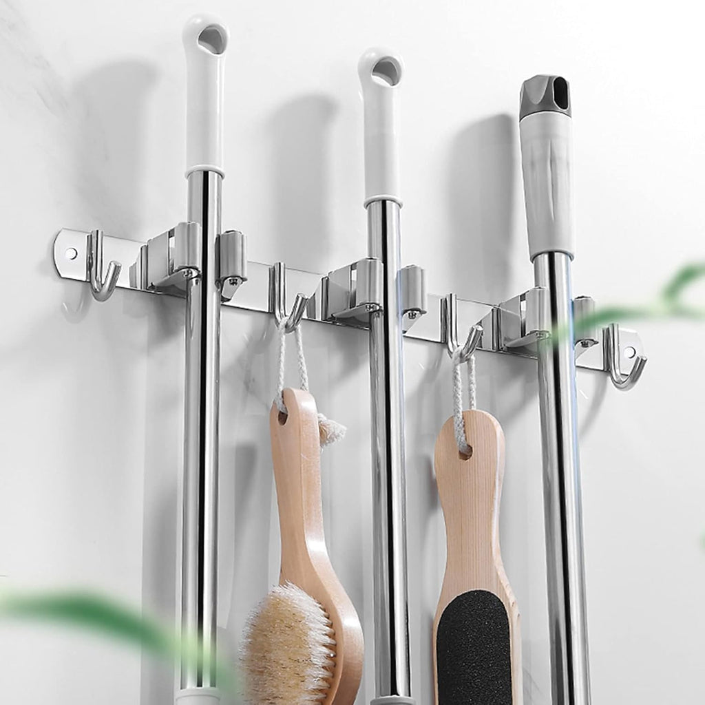 Skiennix Broom and Mop Holder - Wall Mounted Storage Rack with 2 Racks & 3 Hooks | Heavy-Duty Stainless Steel