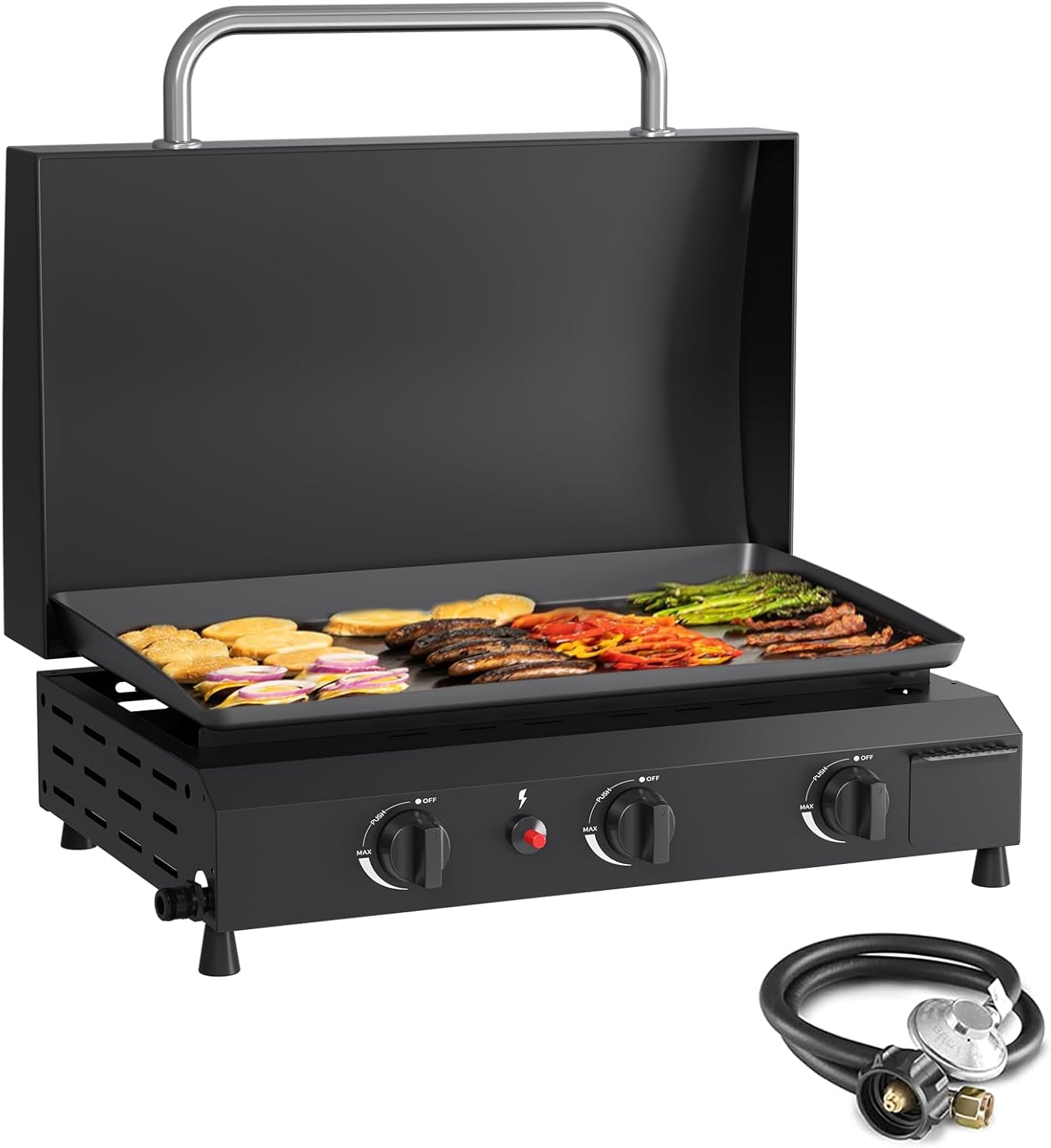 SKOK Gas Griddle - 23.3 Inch Portable Flat Top Grill with Hood for Camping & Tailgating | 45,000 BTU, 3 Burners