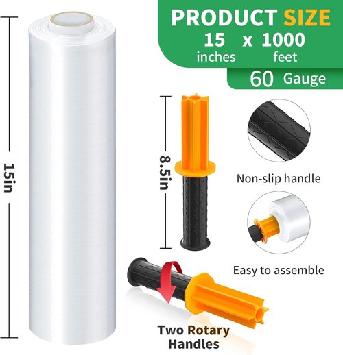 HERKKA Stretch Wrap - Industrial Strength Moving Plastic Film with Handles | 15" x 1000 Feet, 3 Pack, 60 Gauge