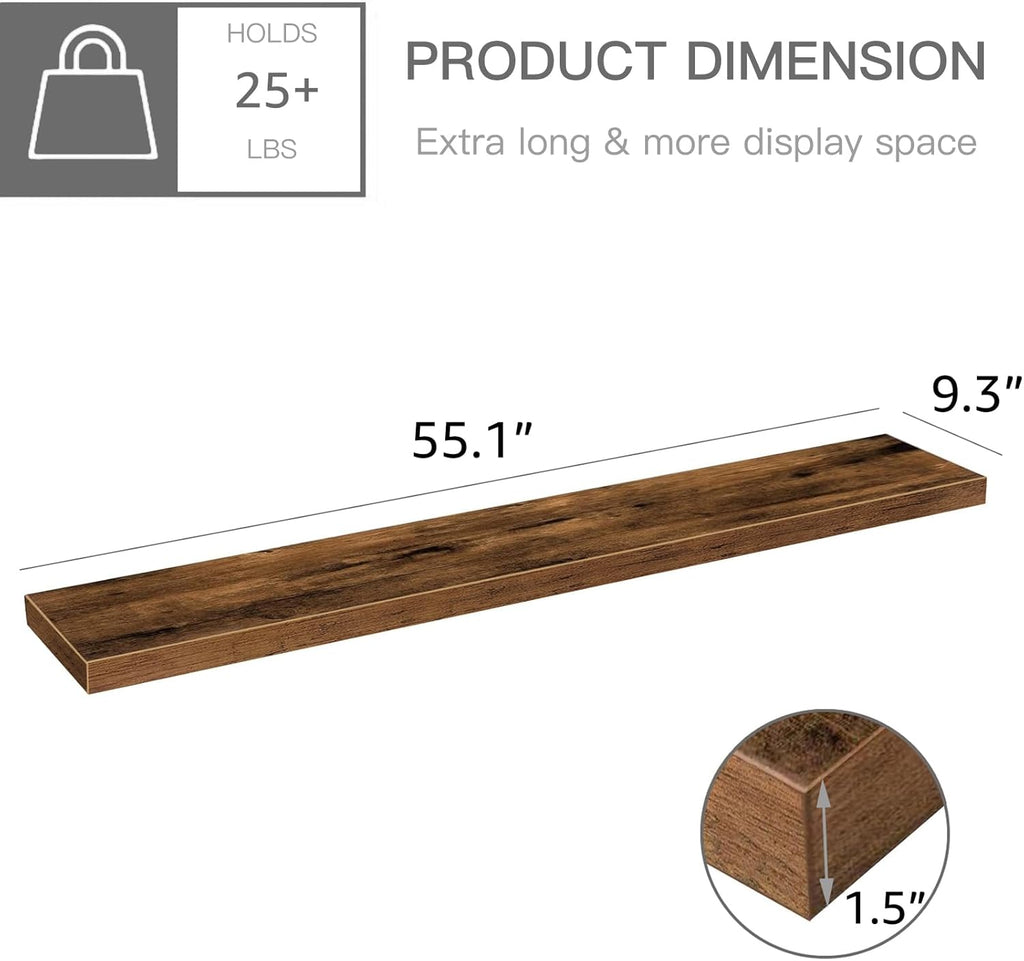 QEEIG Floating Shelves - Extra Long Rustic Brown Wall Shelf Set of 2 | 55.1 x 9.3 Inch for Home Decor