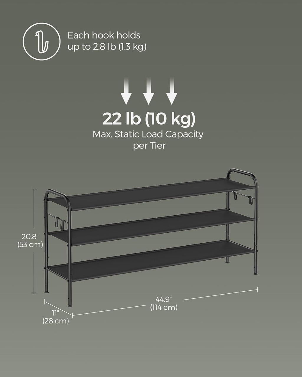 SONGMICS Shoe Rack - 3-Tier Fabric Organizer with 4 Hooks | Holds 18 Pairs, Height-Adjustable, Ink Black