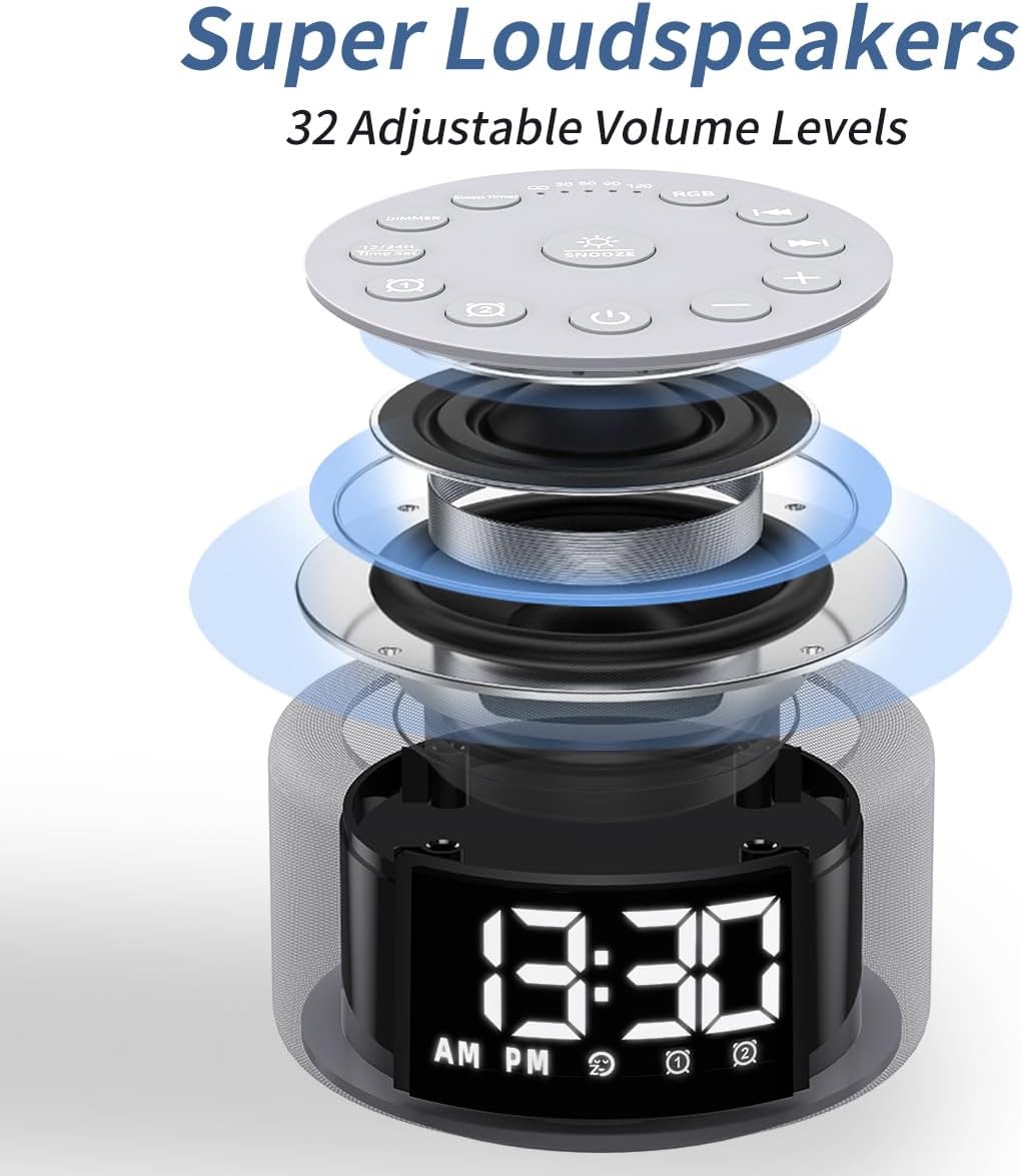 Skiennix White Noise Machine - Rechargeable Alarm Clock with Night Light & 30 Soothing Sounds