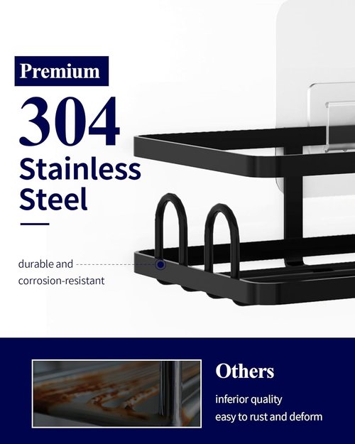 Kitsure Shower Caddy - No-Drill Organizer with 8 Hooks | Rustproof Stainless Steel, Black - 2 Pack