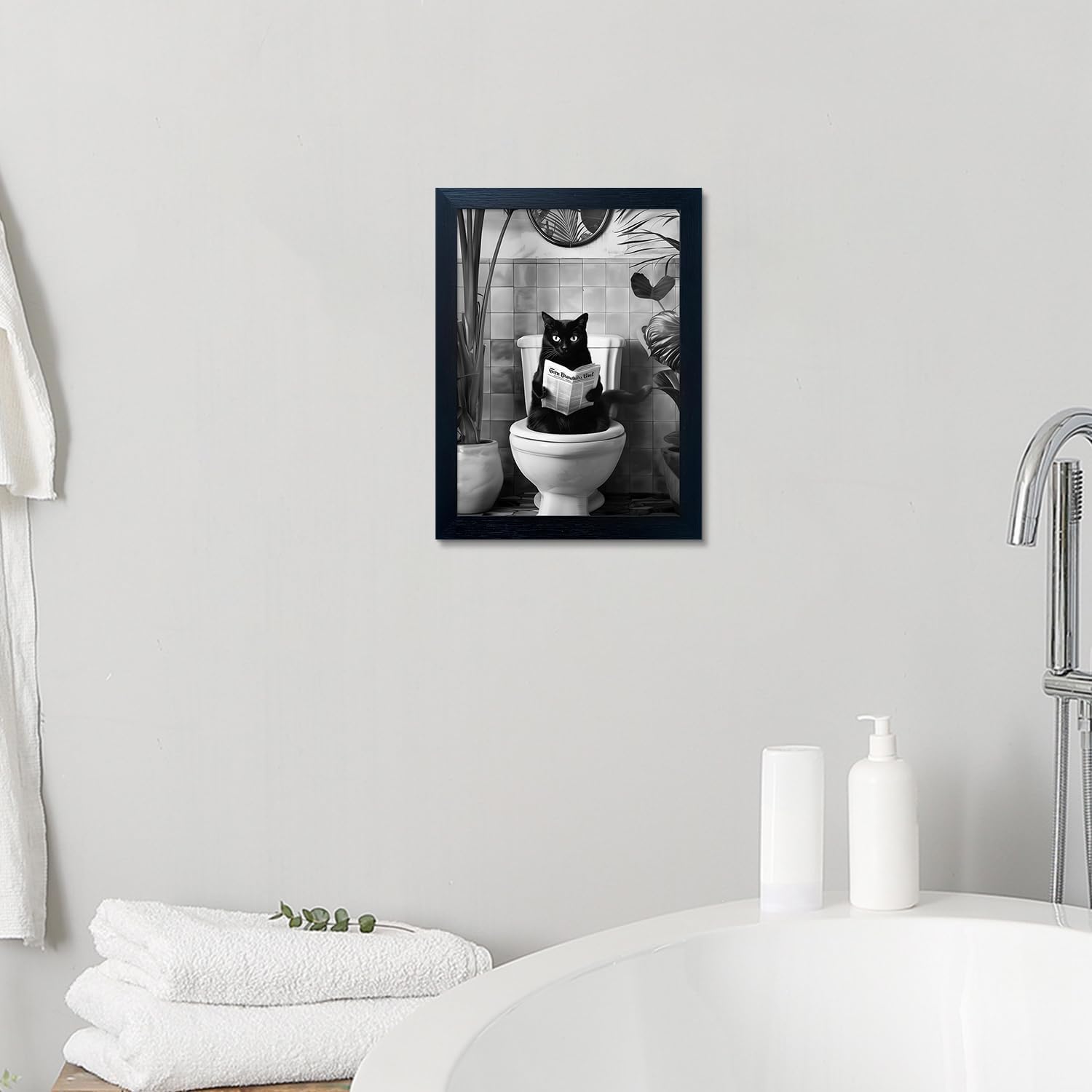 Skiennix Black Cat Bathroom Wall Art - Humorous Framed Canvas Print | Small Size, Black & White Design