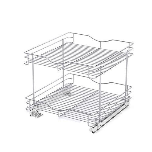 FULGENTE Chrome Finish 2 Tier (17" W X 18" D) Pull Out Drawer Cabinet Organizer Heavy Duty Slide Out Pantry Shelves Sliding Basket Storage For Home Kitchen Bathroom Under Sink Organization
