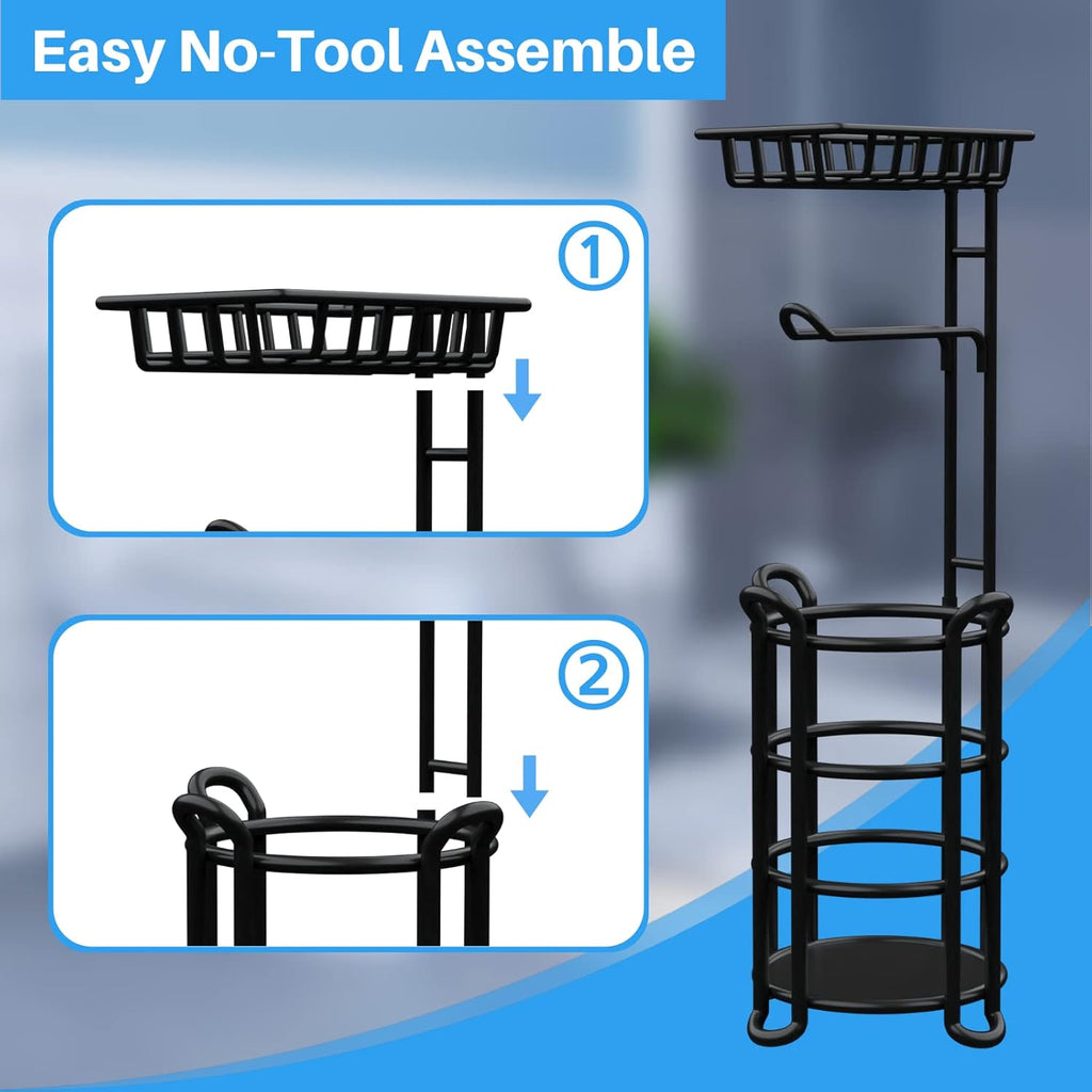 Skiennix Toilet Paper Holder Stand - Free Standing Tissue Roll Storage Rack with Shelf | Black Finish