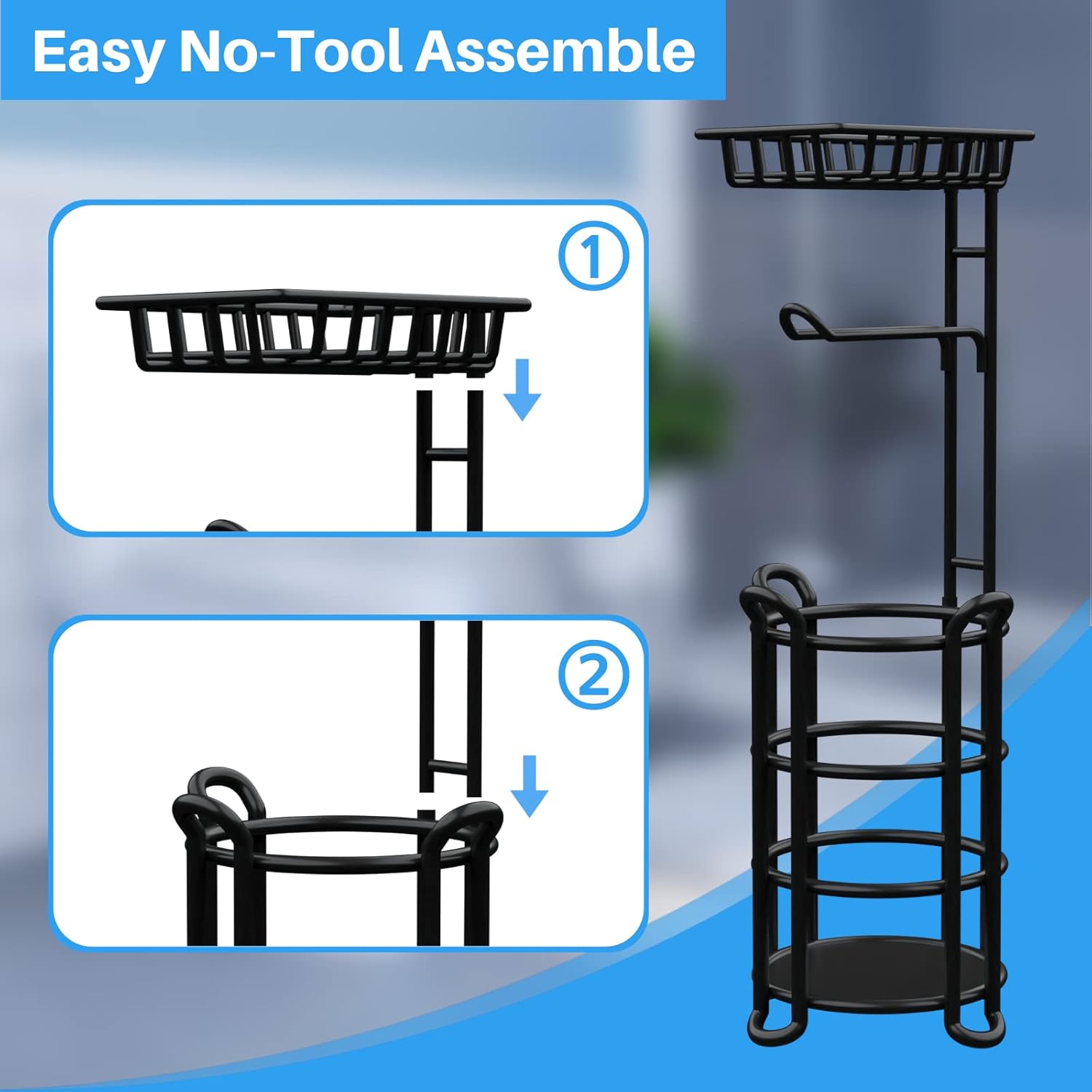 Skiennix Toilet Paper Holder Stand - Free Standing Tissue Roll Storage Rack with Shelf | Black Finish