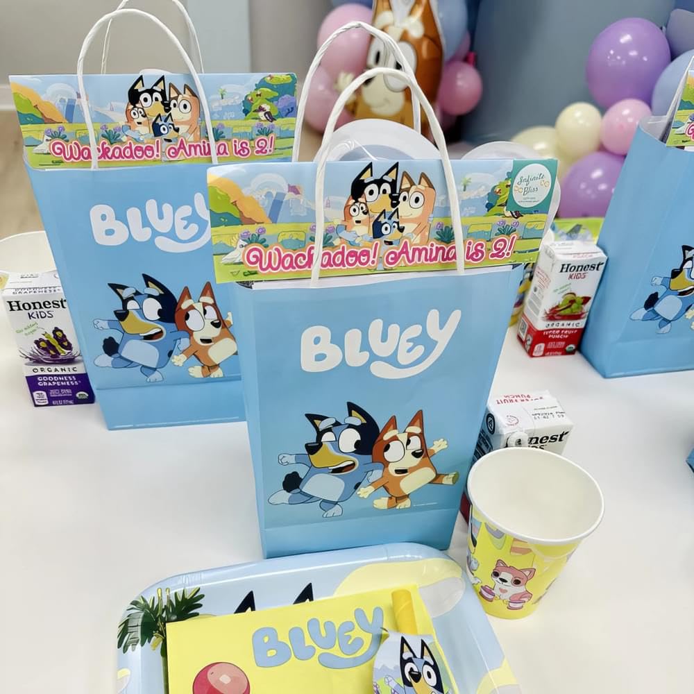 Multicolor Bluey Printed Party Favor Bags - 8.25" x 5.25" x 3", Pack of 8 Blue Kraft Treat Bags - Perfect Paper Bags for Kids Birthday, Baby Shower, Themed Party & More