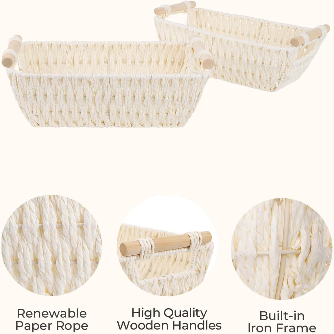 StorageWorks Round Woven Paper Rope Baskets - Beige 2-Pack with Wooden Handles for Stylish Storage