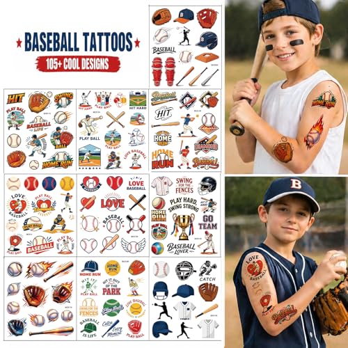 Baseball Temporary Tattoos for Kids Sports Party Favors 10 Sheets