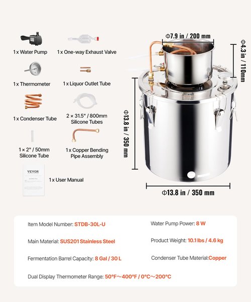 VEVOR Alcohol Still, 8 Gal / 30 L Stainless Steel Water Alcohol Distiller with Copper Coil, Home Brewing Refining Fermentation Kit with Thermometer & Pump, for Wine Whisky Brandy, Silver