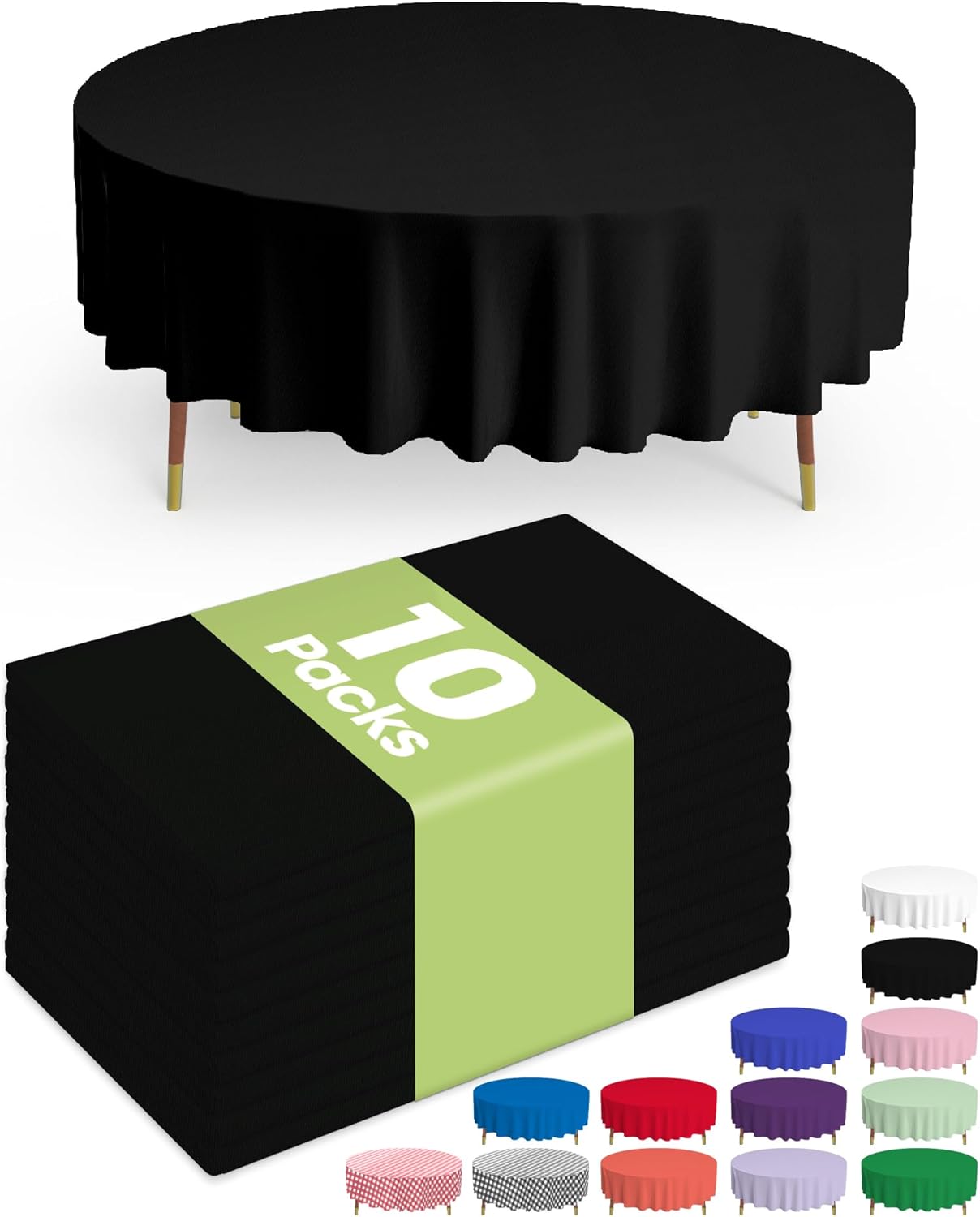Pureegg 84'' Round Plastic Table Cloths - 10 Pack, Leakproof & Sturdy for Halloween Parties | Black