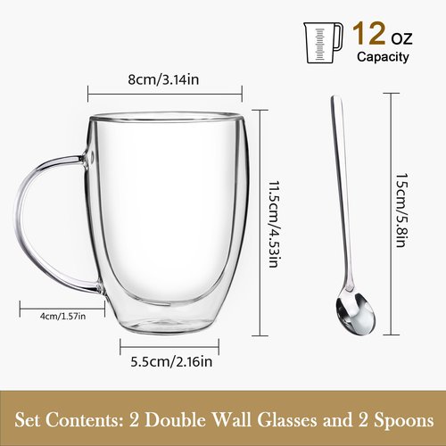 FULGNU Double Wall Glass Coffee Mugs, 12 Oz Clear Coffee Mugs with Handle, Insulated Glass Coffee Mugs Set of 2, Perfect for Espresso, Cappuccino, Latte, Americano, Tea Bag, Beverage