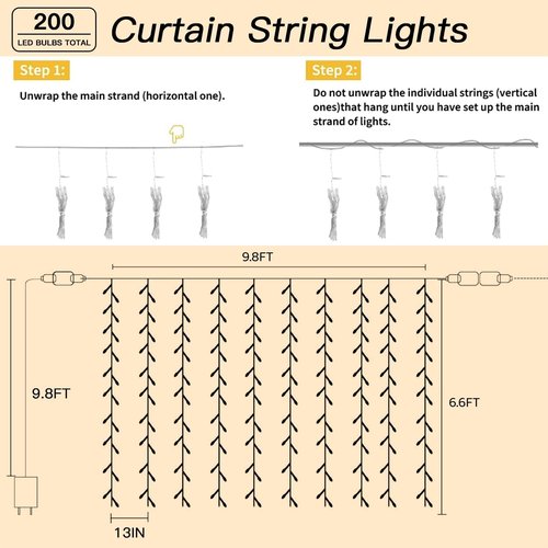 200 LED Curtain String Lights - Waterproof Fairy Lights with Timer & 8 Modes | 9.8 x 6.6FT for Indoor/Outdoor Decor