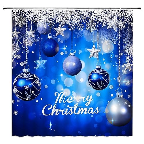 Christmas Balls Shower Curtain 70x70 Inch Blue Silver Snowflakes