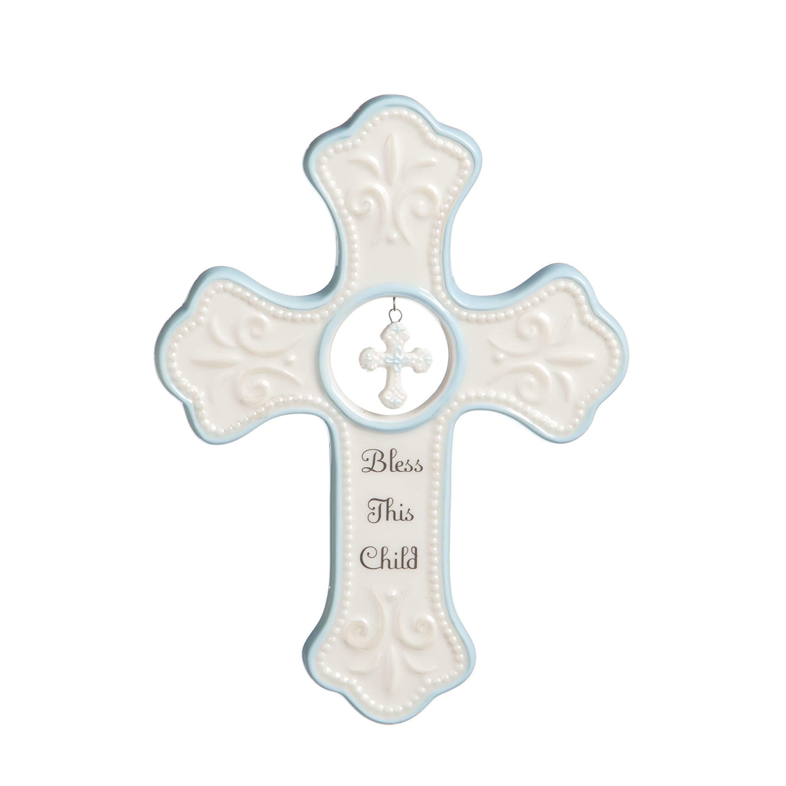DEMDACO Bless This Child Wall Cross - Blessing Cross for Baby - Faith Nursery Decor - Gift for Newborn - Religious Christian Wall Hanging - Porcelain - Gift Box Packaging - Blue