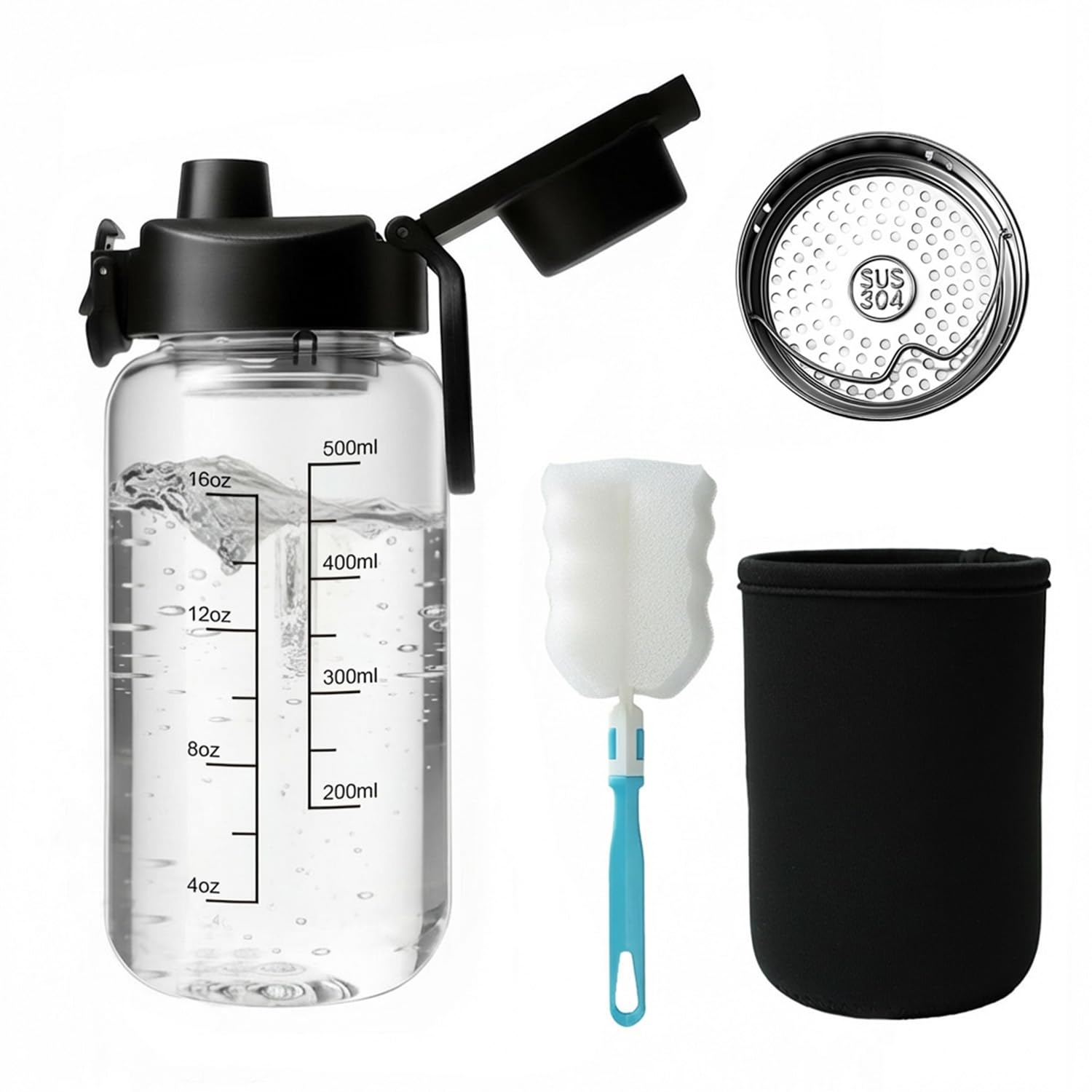Neodaco 20 OZ Glass Shaker Bottle, Odorless Sport Water Bottle with 304 Stainless Steel Ball and Removable Cleaning Brush for Fitness Protein Mixes