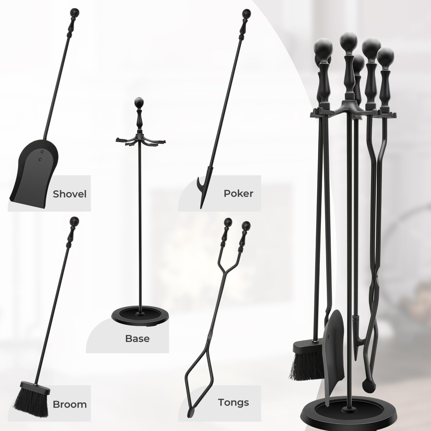 Nouetele Fireplace Tools Set 5-Piece - Heavy Duty Cast Iron Fire Place Tool Set with Stand, 31-Inch Stable Base, Includes Poker, Shovel, Brush & Tongs for Indoor Outdoor Wood Stove & Hearth, Black