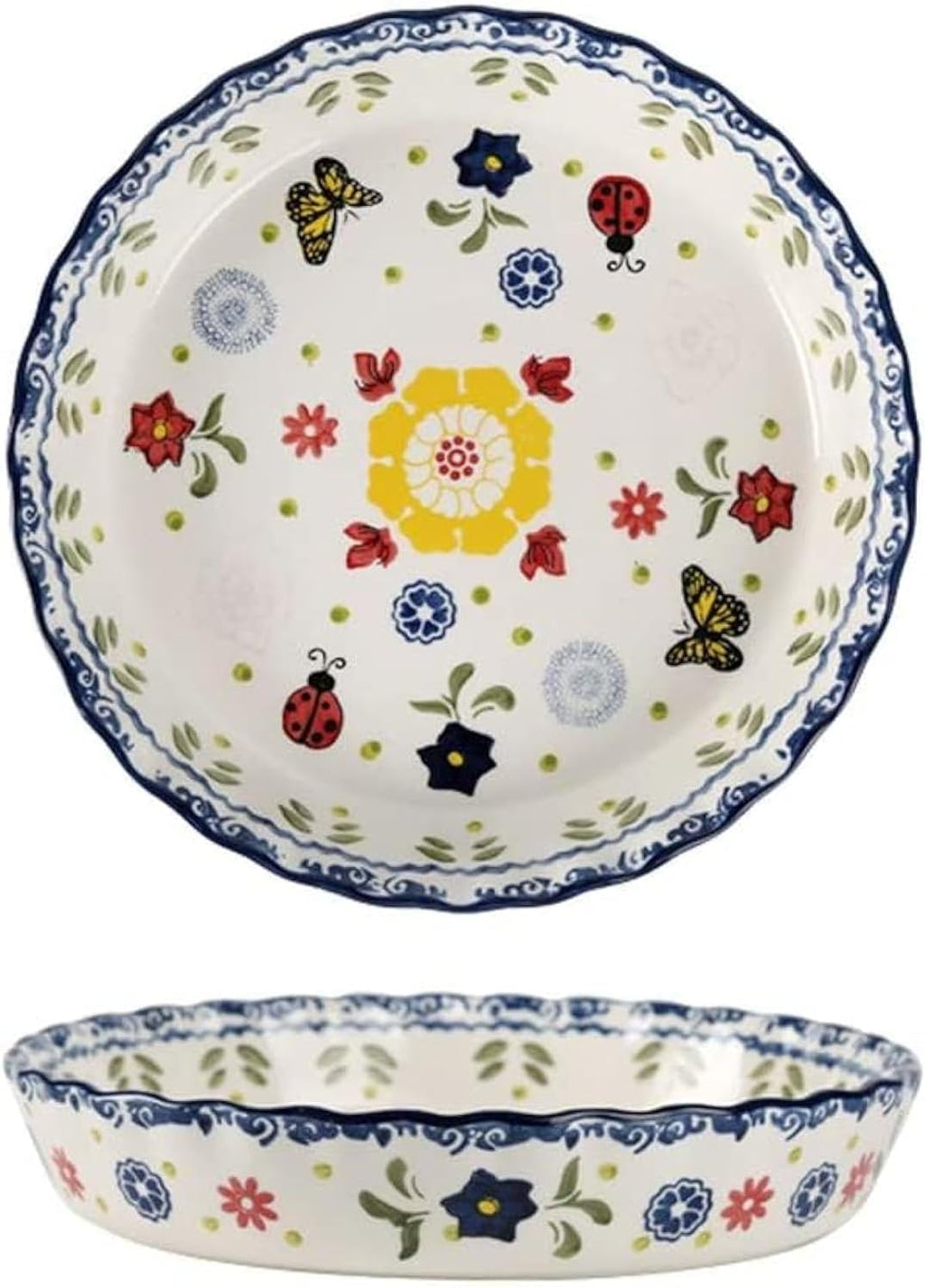 Skiennix Ceramic Pie Pan - 10 Inch Round Bakeware Dish with Butterfly Design